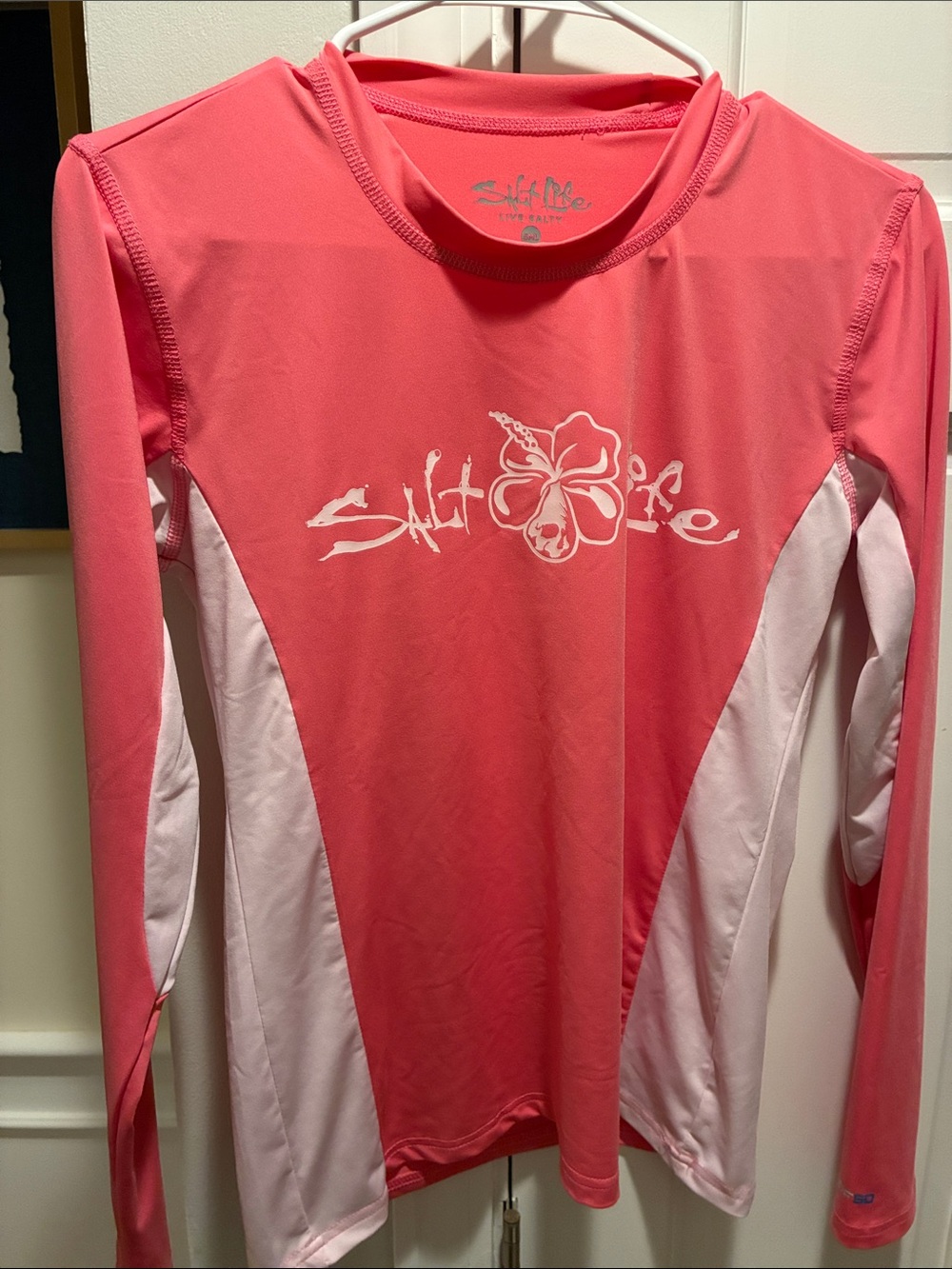 Salt Life Women's Coral-Pink Long Sleeve Rash Guard with White Panels